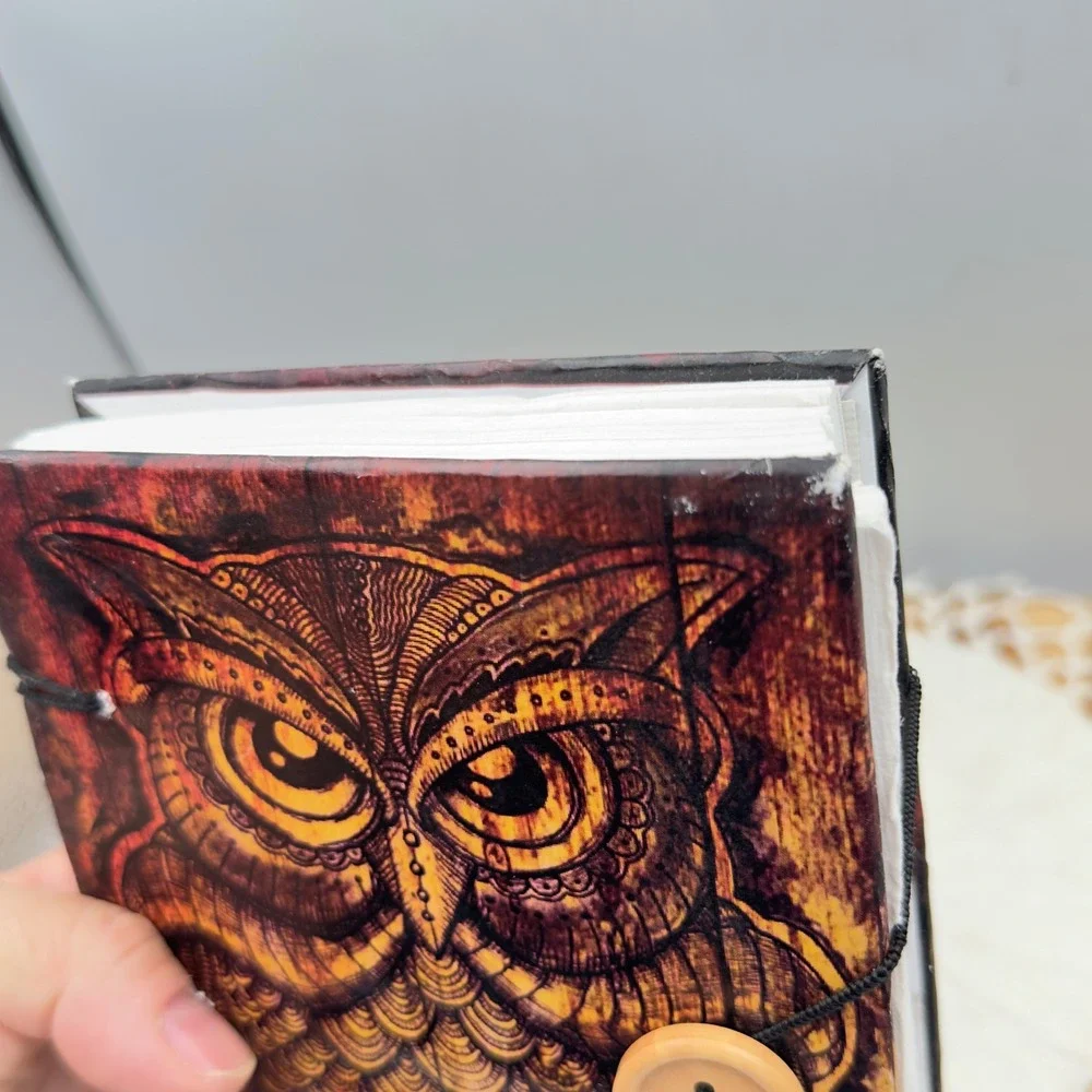 Handmade Owl Journal Brown Coptic Bound Hardcover Blank Sketchbook 8x5in Boho